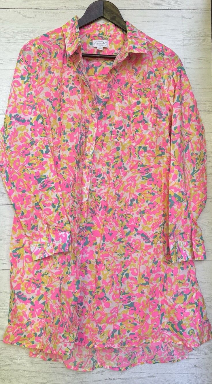 Mud Pie Collins Button Up Swimsuit Cover Up Neon Floral Multicolor Small NWOT